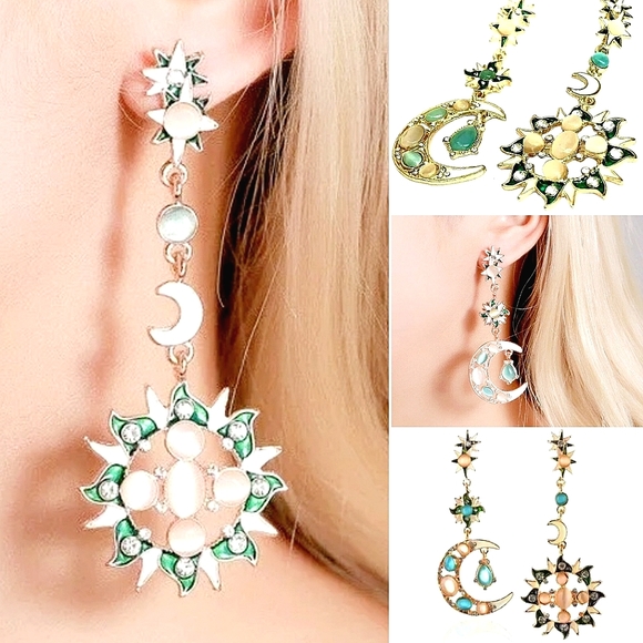 Gold teal crystal opalescent sun moon stars earrings - Picture 1 of 9